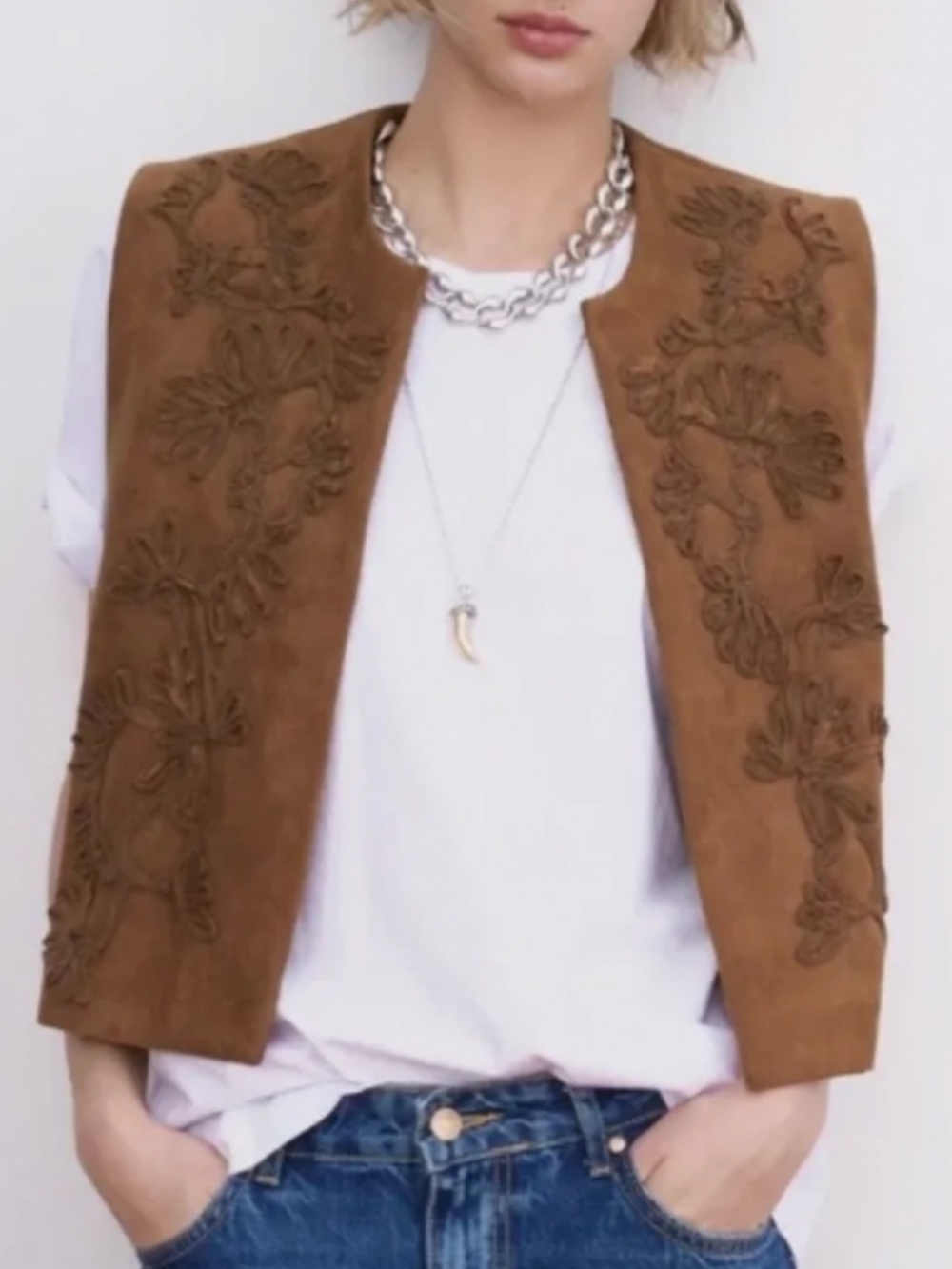 ZARA Embroidered Faux Suede Dark Tan Vest Gilet Waistcoat Size M Bloggers Boho